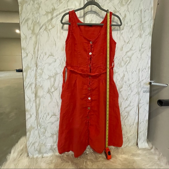 Lungo Larno 100% linen coral pink sundress button up pockets belt summer medium - Picture 8 of 11